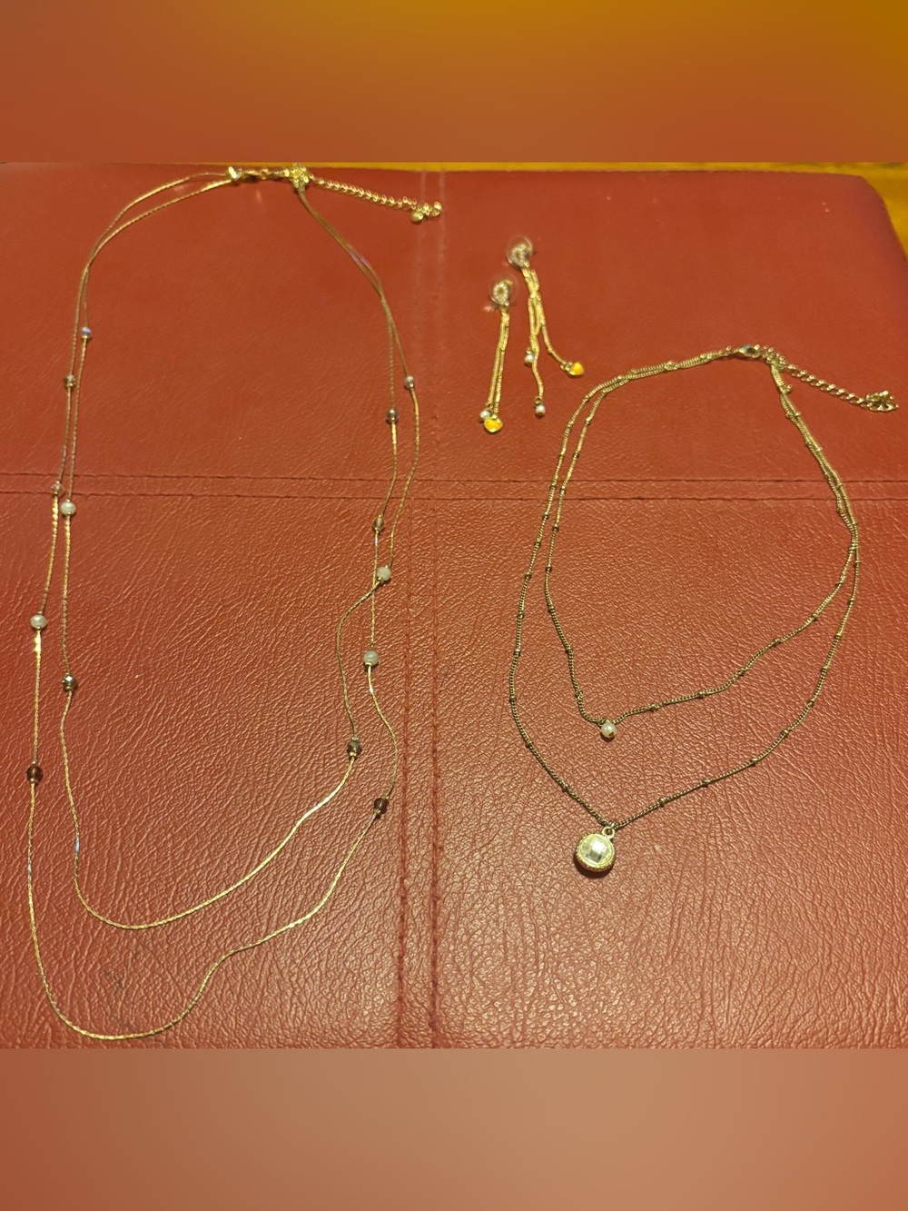 ✨2 Delicate Gold Layered Necklaces with Dangle Earrings